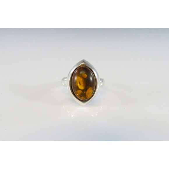 Vintage Oval Amber Cabochon in Sterling Navette Formed Ring Setting Size 8 - Picture 1 of 6
